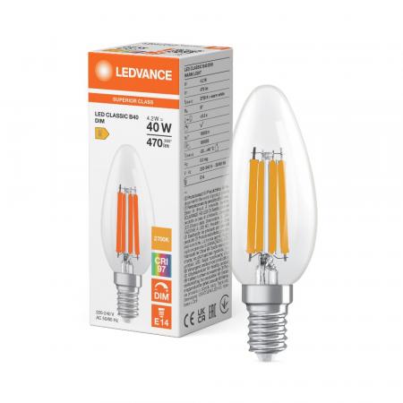 Ledvance E14 LED Kerzenlampe Classic dimmbar klar 4,2W wie 40W 2700K warmweißes Licht hohe Farbwiedergabe CRI97